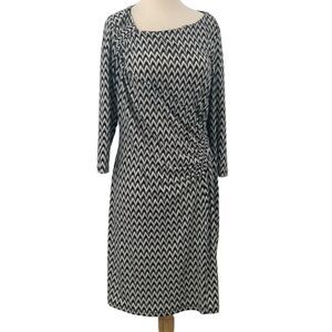 Calvin Klein 3/4 Sleeve Faux Wrap Ruched Dress Black/White Chevron Print Size 12